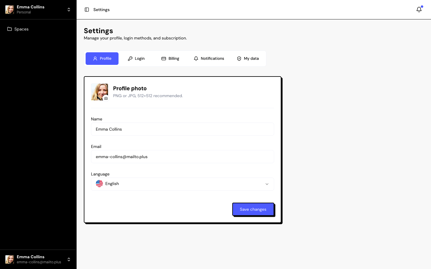 Settings › Profile with photo, Name, Email and Language.