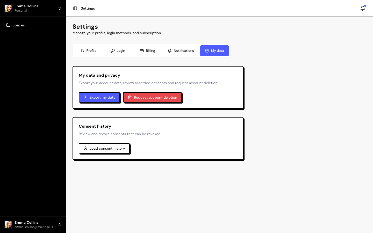Settings › My data with Export my data, Request account deletion and the Consent history.