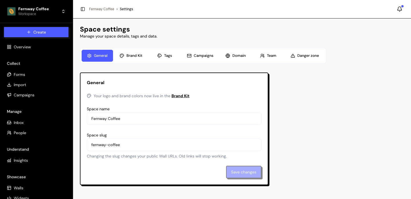 Settings › General with Space name and Space slug filled in and the tabs visible.