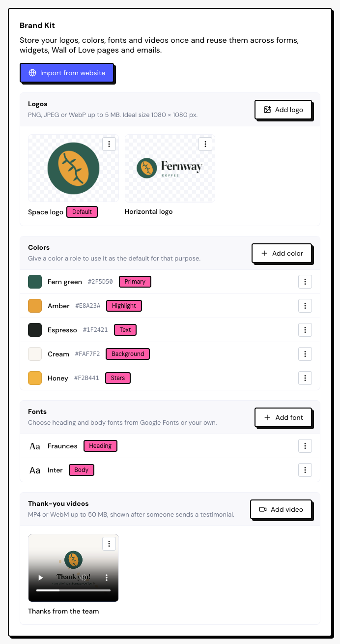 The Brand Kit tab with logos, colors with roles and fonts.