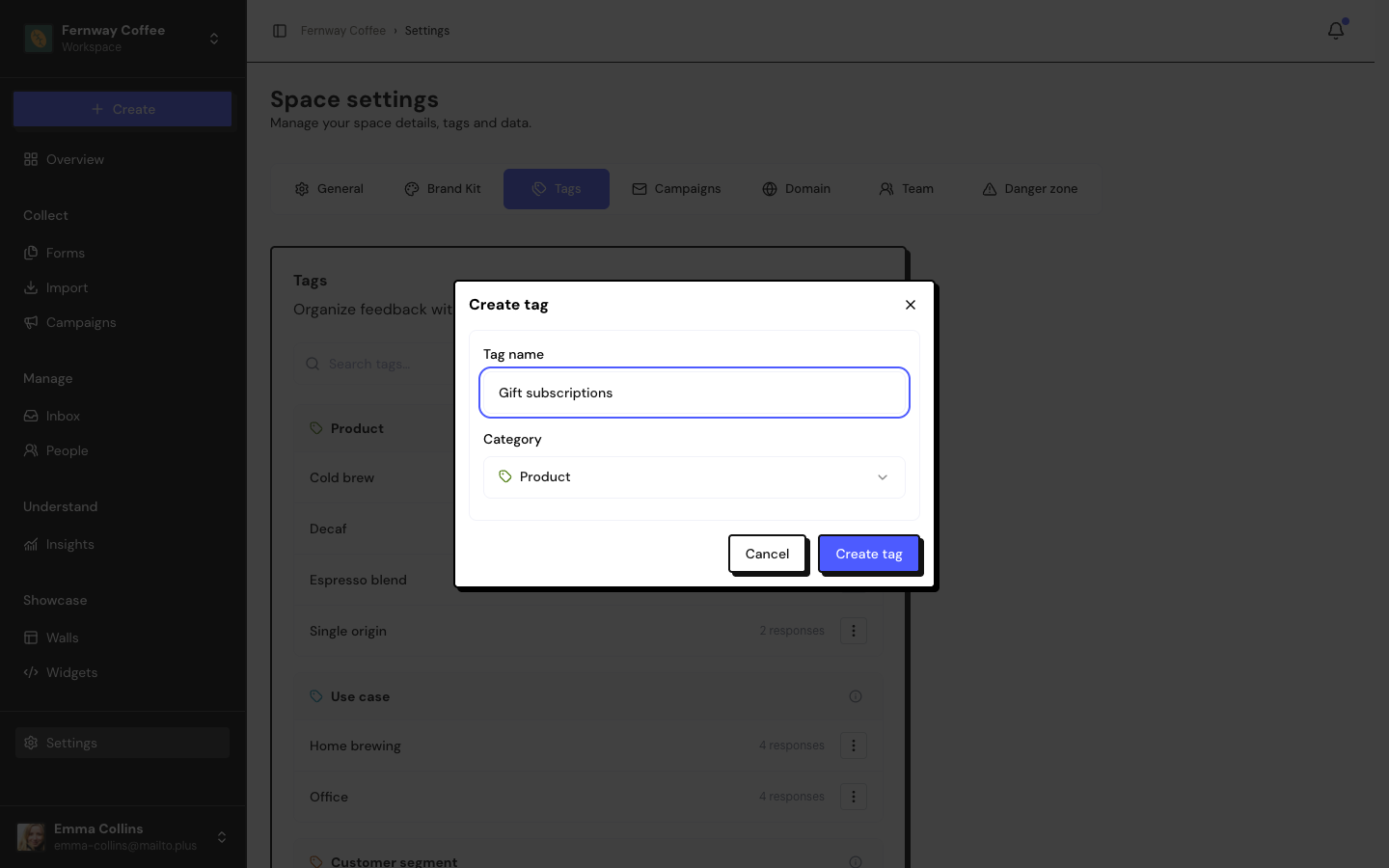 Settings › Tags with tags grouped by category and the Create tag dialog.