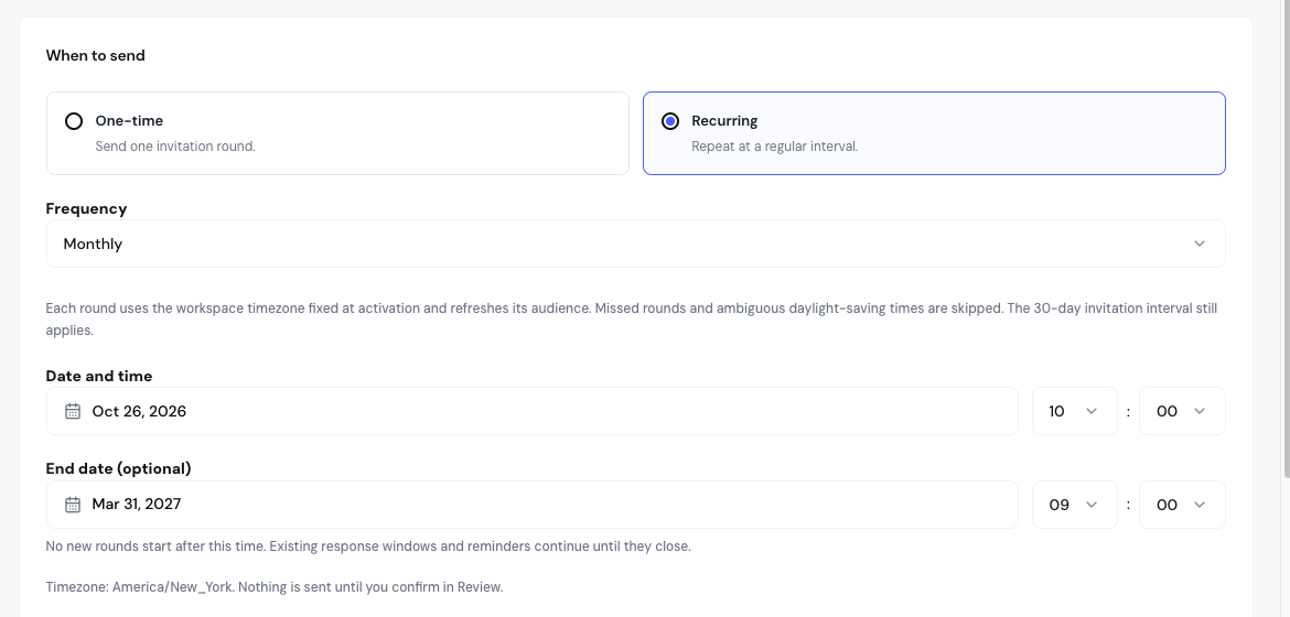 The Configuration step with Recurring selected, Monthly frequency and an end date filled in.