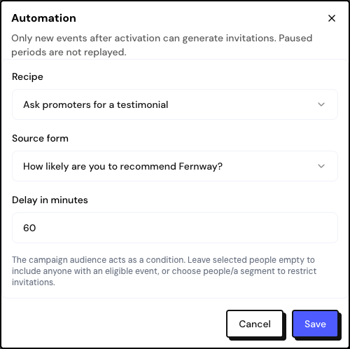 The Automation window with the Ask promoters for a testimonial recipe, the source form and a 60-minute delay.