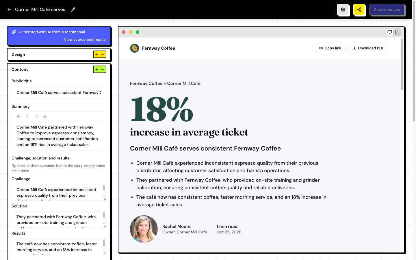 The case study editor with the Content section open and the preview in the Editorial template.