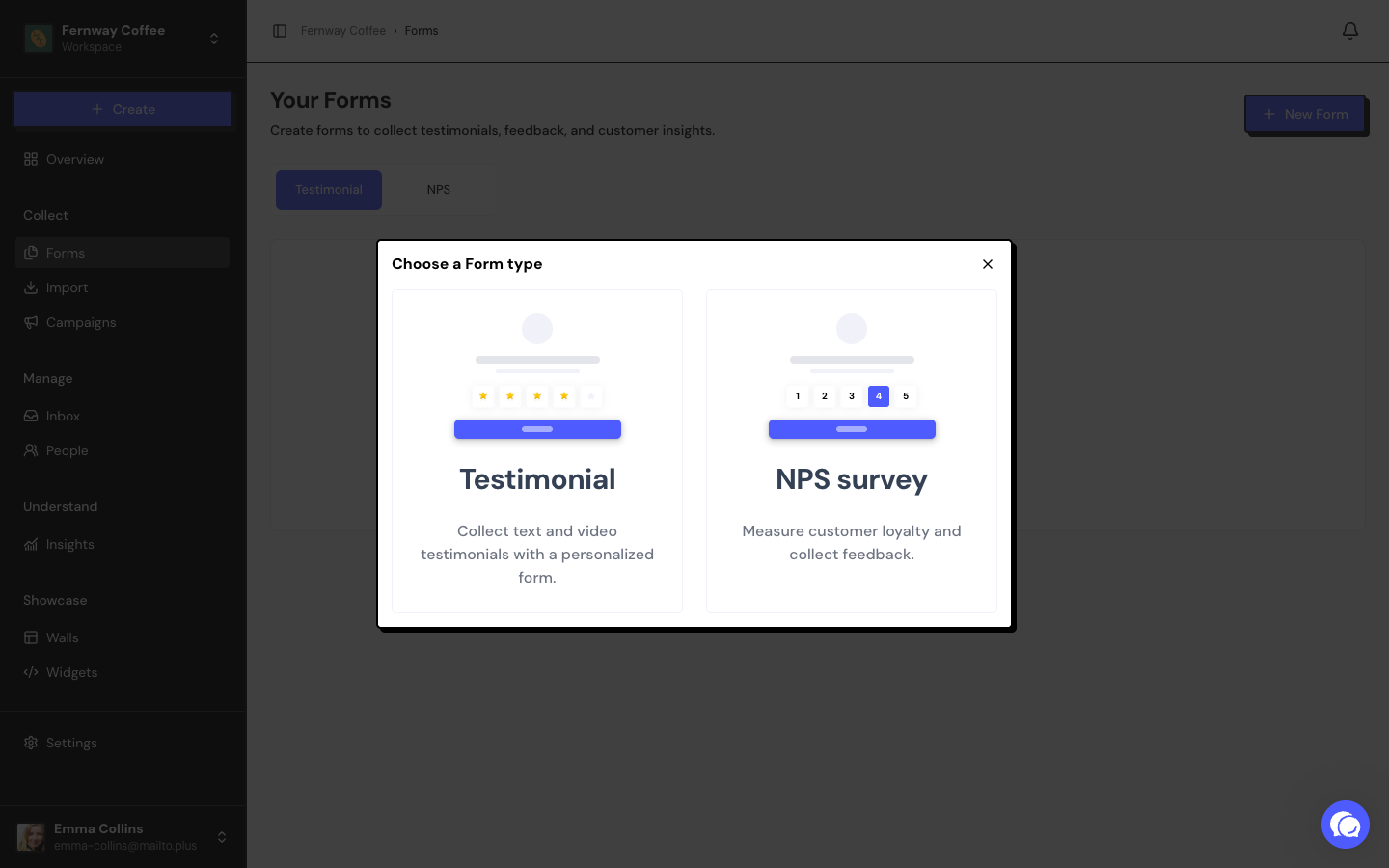 The Choose a Form type window with the Testimonial and NPS survey cards.
