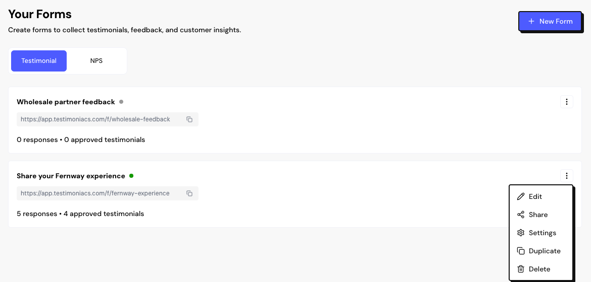 The Forms list with two cards, one accepting responses and one paused, and the ⋮ menu open.