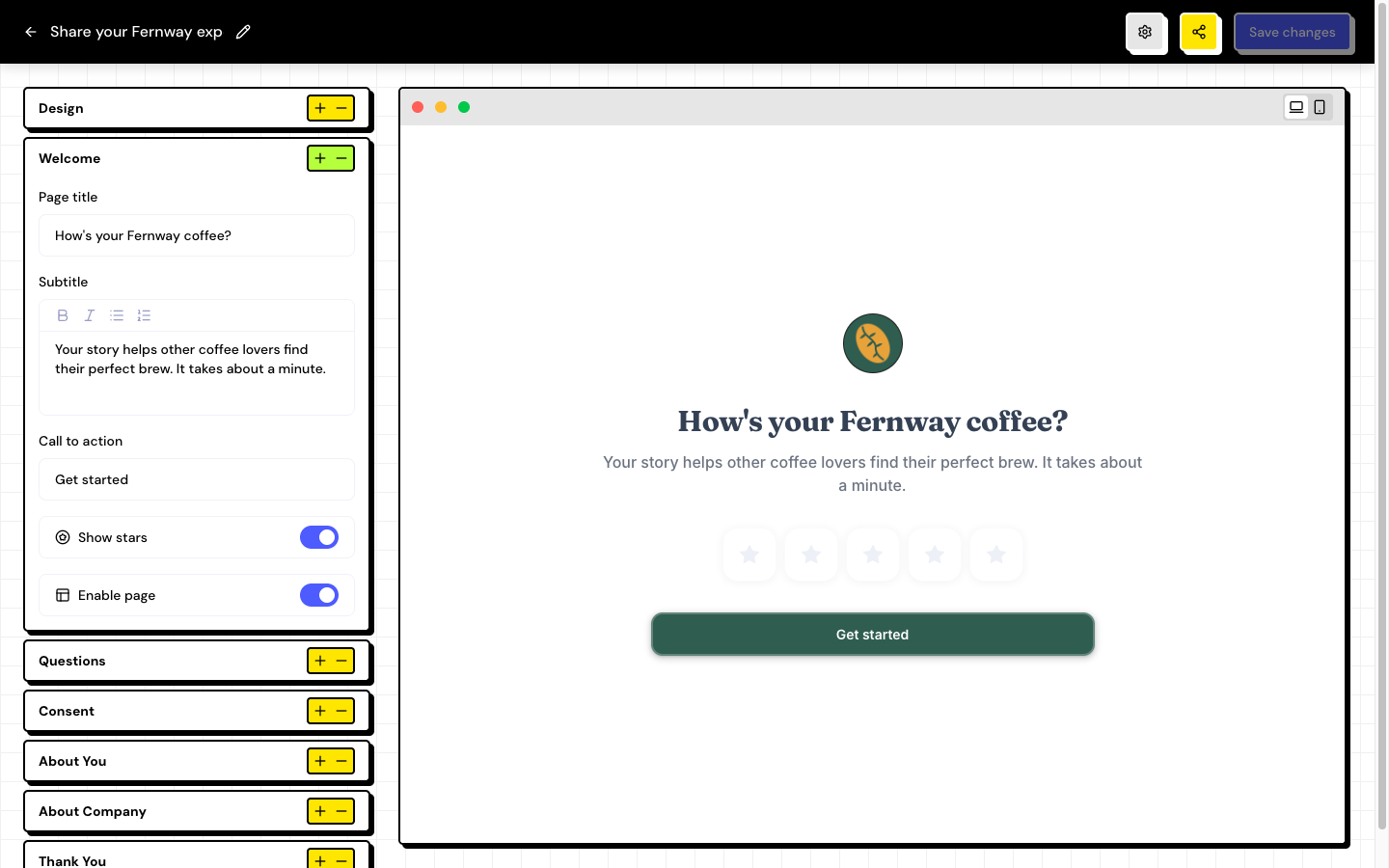 The editor of a testimonial form: sections on the left, the Welcome section open and the desktop preview on the right.