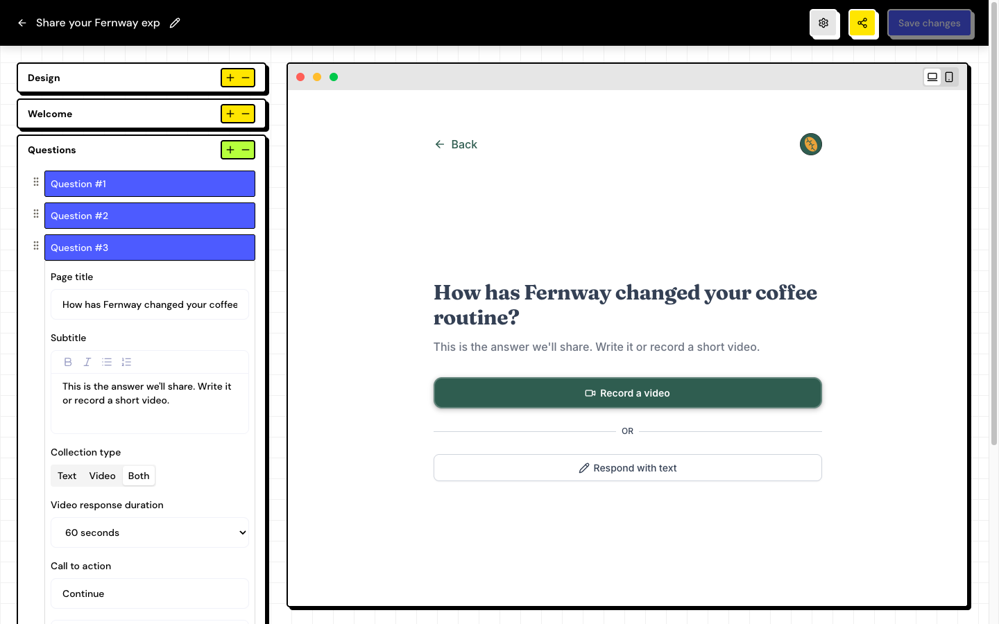 The Questions section with three questions, the last one open and marked as primary, showing Collection type.