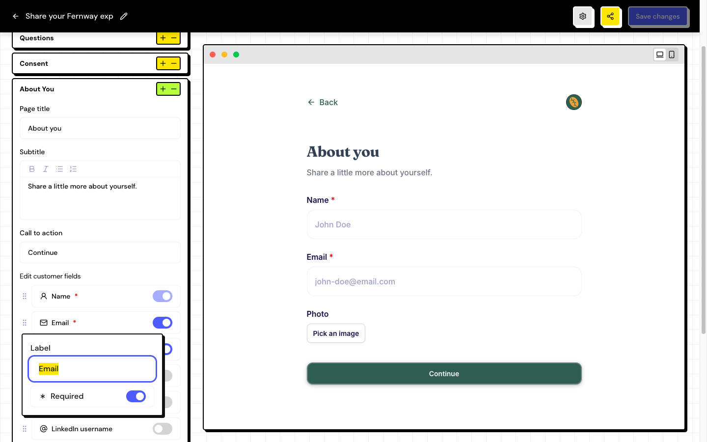 The About You section with the list of fields and a field's popover open, showing Label and Required.