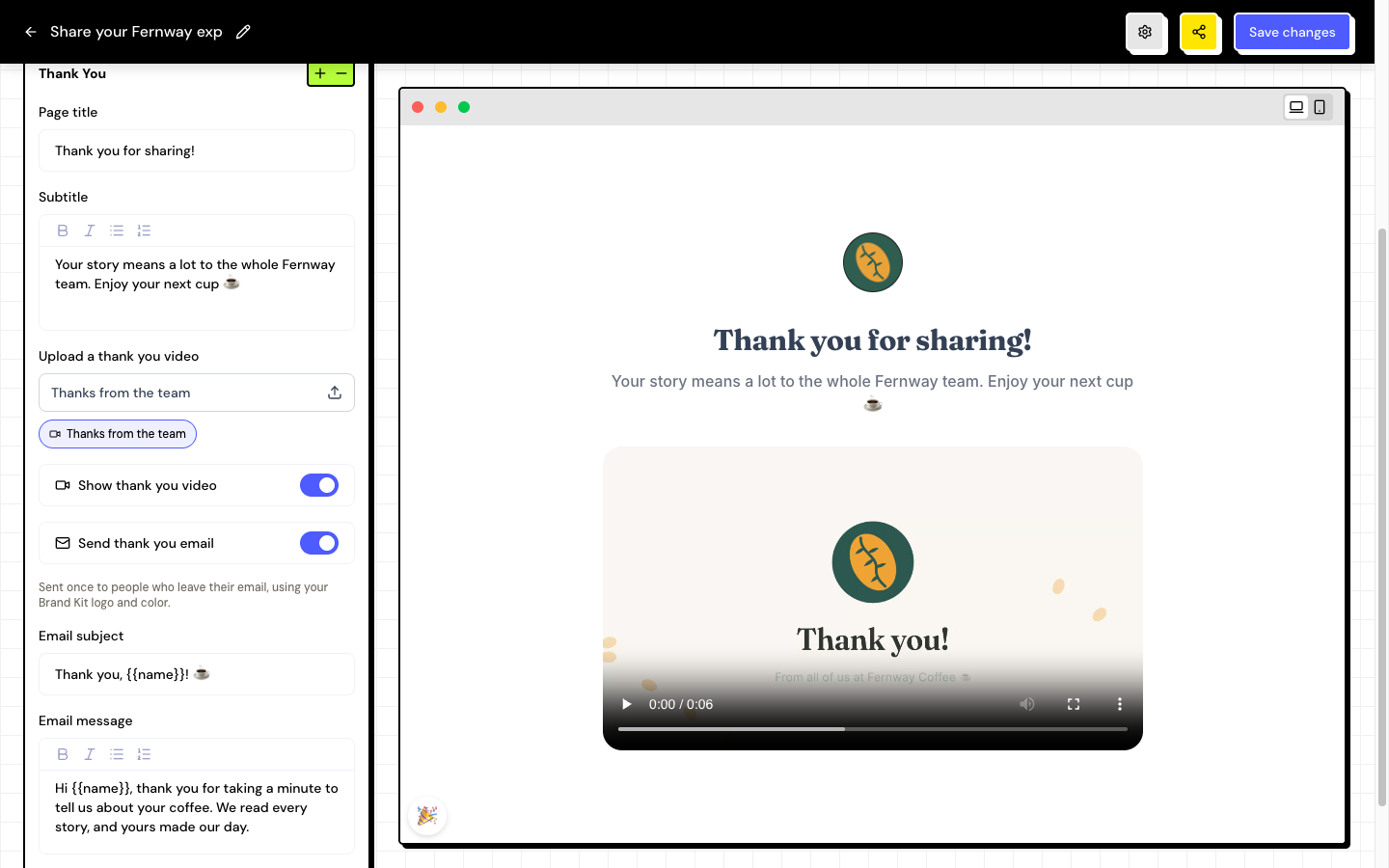 Sección Agradecimiento con el video elegido y el correo de agradecimiento activado, que muestra el asunto con {{name}}.