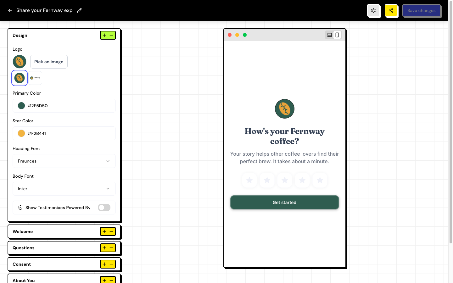 The Design section open, with an uploaded logo, the Brand Kit's brand colors and the mobile preview.