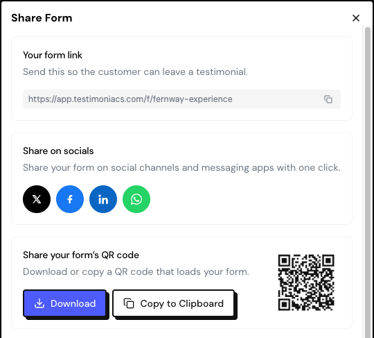 The Share Form window with the Your form link, Share on socials and Share your form’s QR code cards.