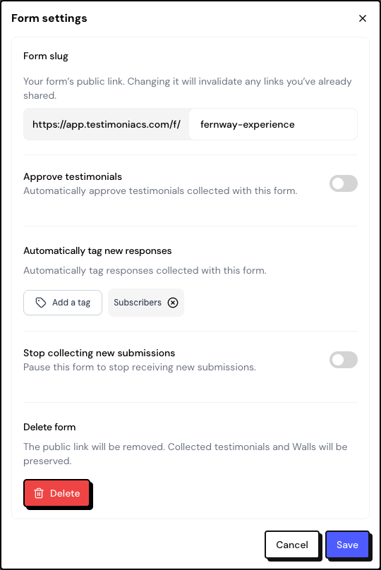 The settings window of a testimonial form, with Form slug, Approve testimonials, tags and Stop collecting new submissions.