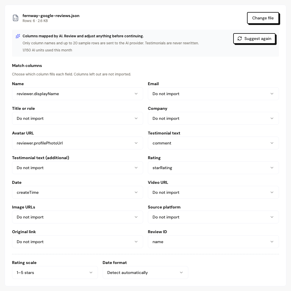 The Map columns step with a Google Takeout spreadsheet, showing the mapped fields and the Rating scale.