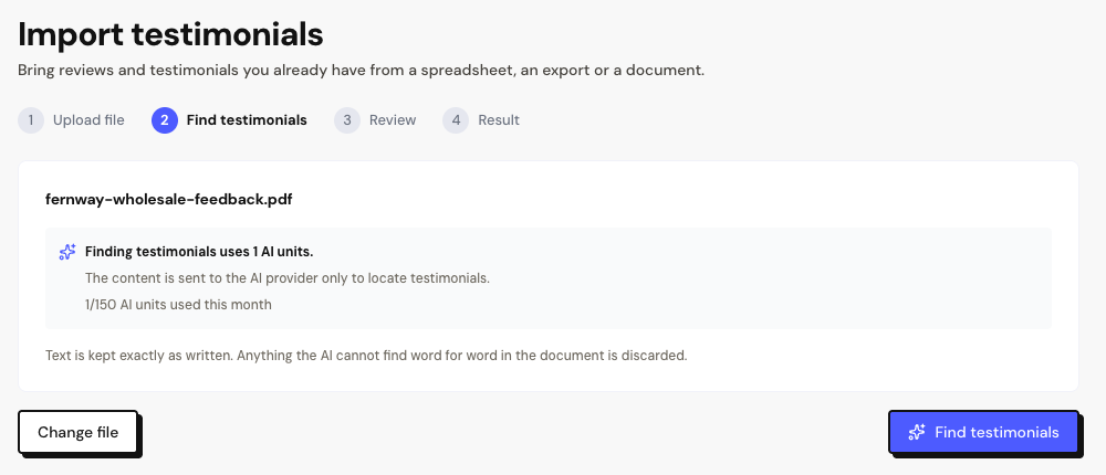 Paso Encontrar testimonios con un PDF enviado, que muestra las unidades de IA que se usarán.