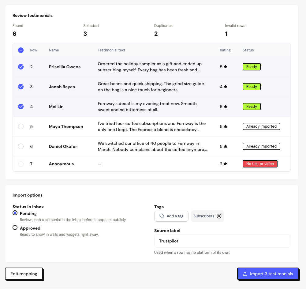 The Review testimonials screen with the counters, some duplicate rows and the Import options.