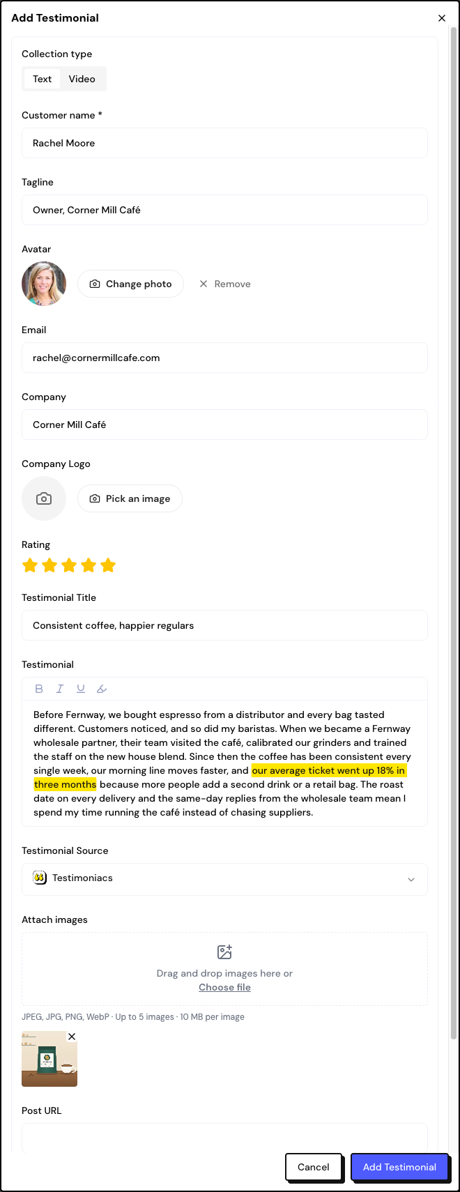 The Add Testimonial window with the Text type, a customer selected, stars, text with a highlighted passage and an attached image.