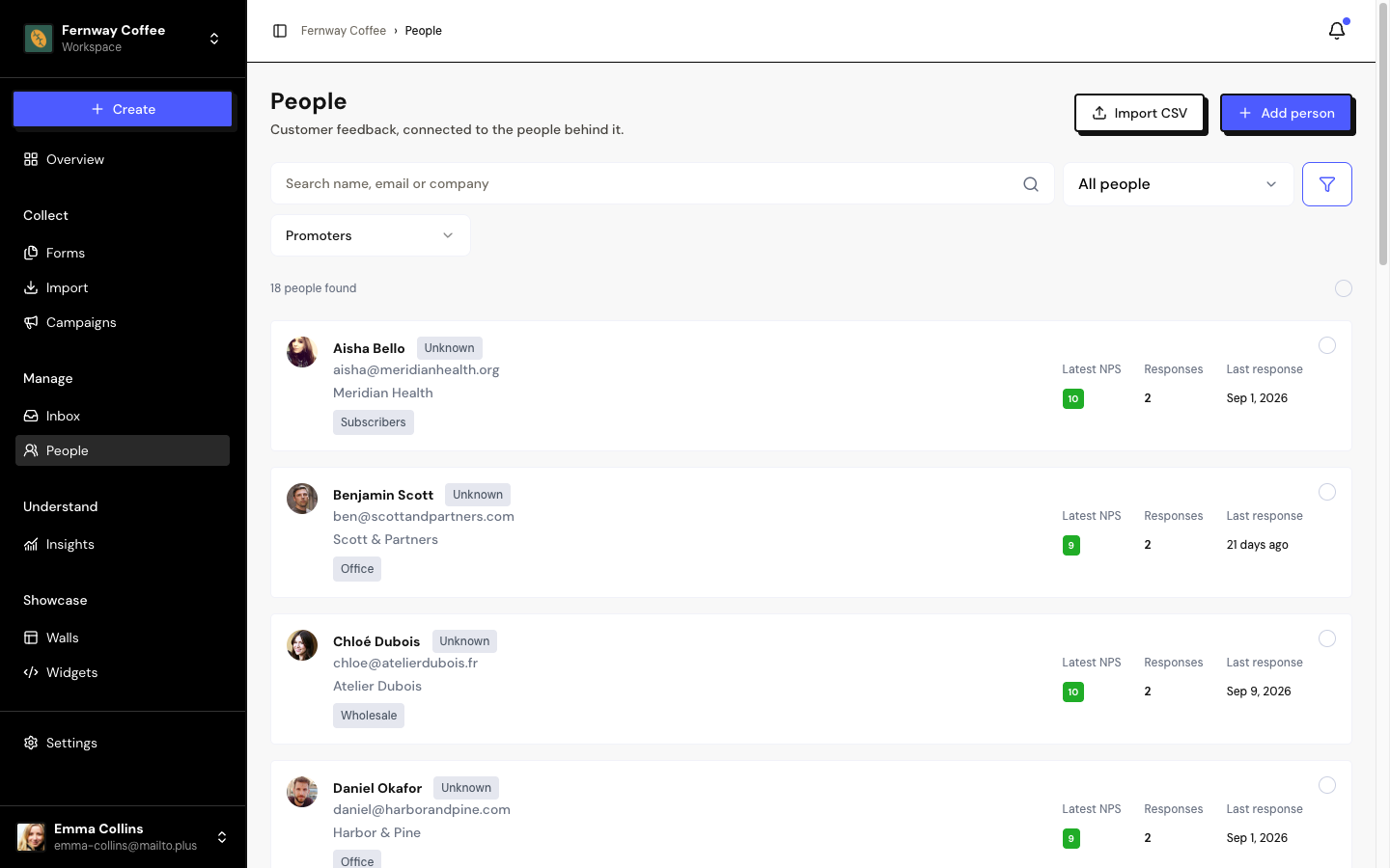 The People list with the Promoters filter and a few cards showing permission, tags and Latest NPS.