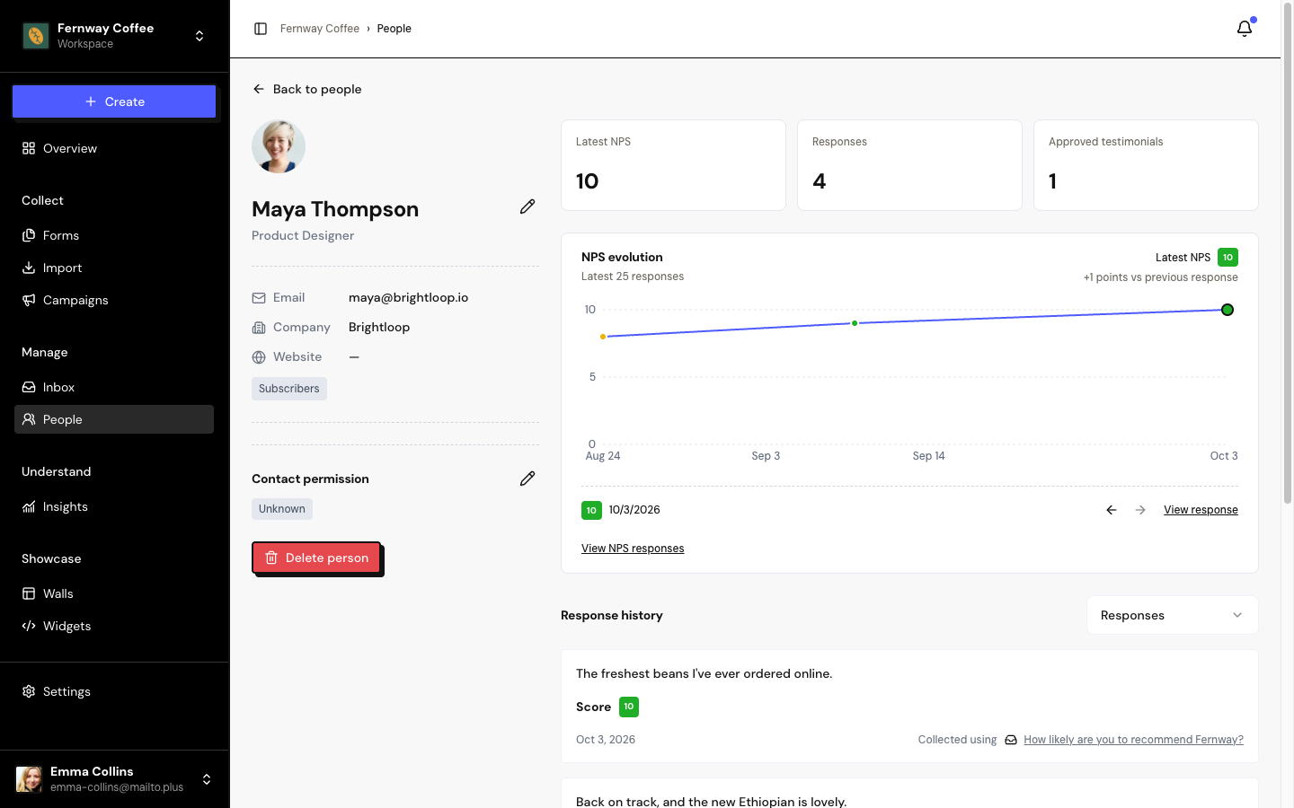 A person's profile with the NPS evolution chart and the Response history.