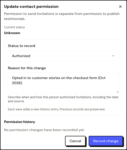 Ventana Actualizar permiso de contacto con Estado a registrar Autorizado y el motivo completado.