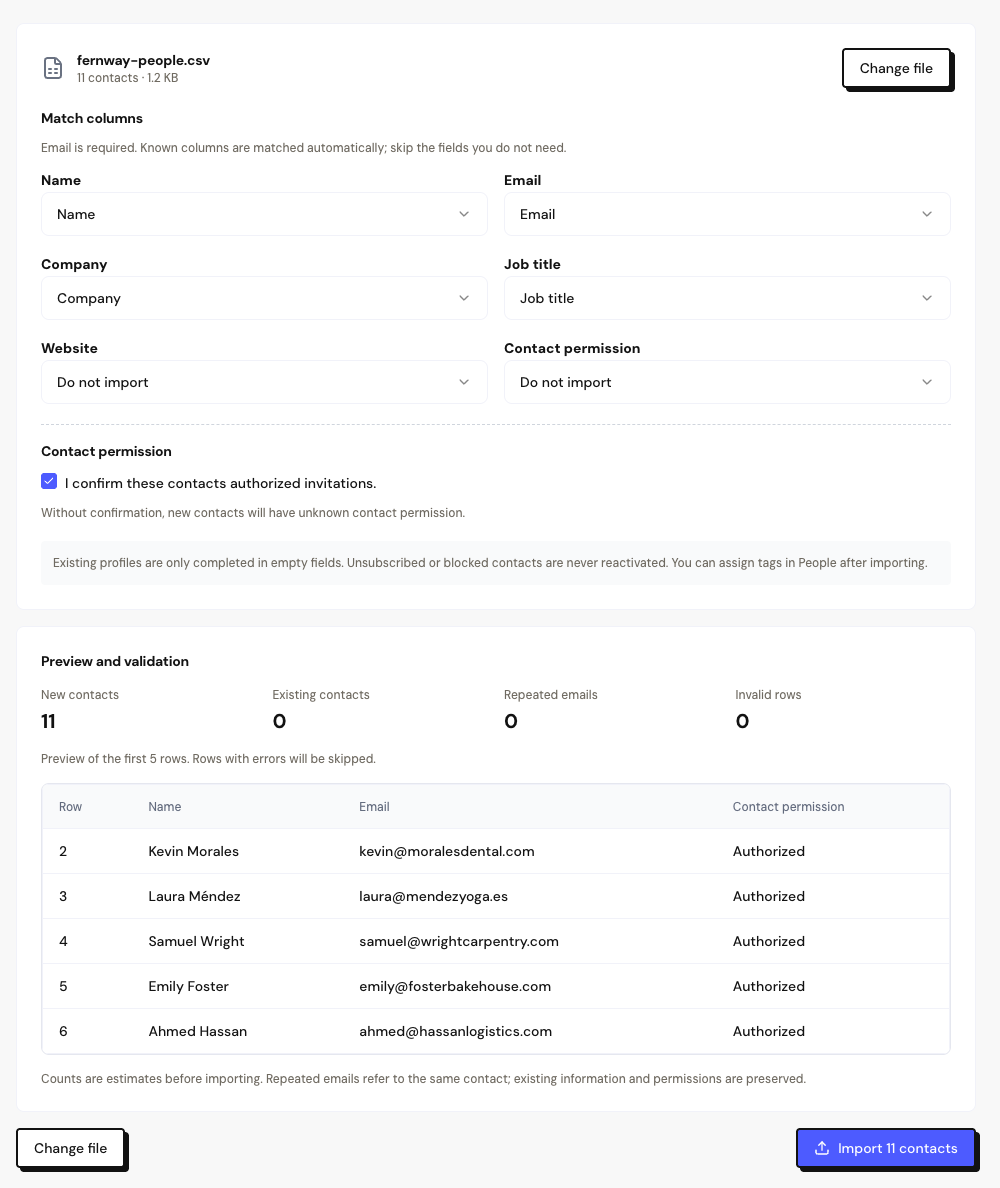 The Review contacts step with the mapped columns, the permission confirmation box and the preview.