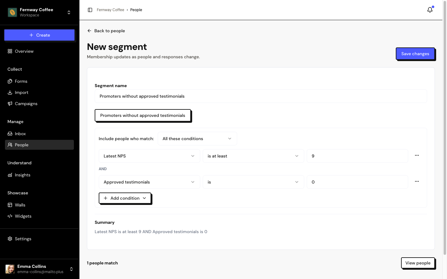 Editor de segmento con la receta Promotores sin testimonio aprobado, que muestra las reglas y el número de personas que coinciden.
