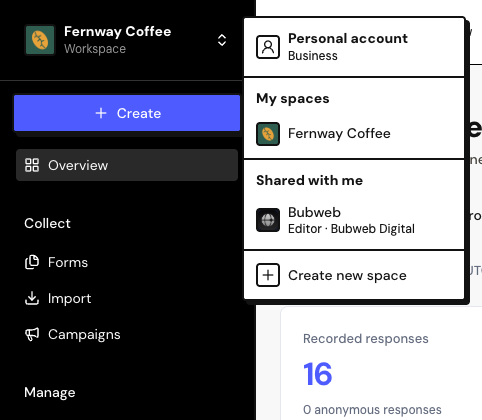 The menu at the top of the sidebar, open, with Personal account, My spaces, Shared with me and Create new space. Account with at least one space of its own and one shared space.