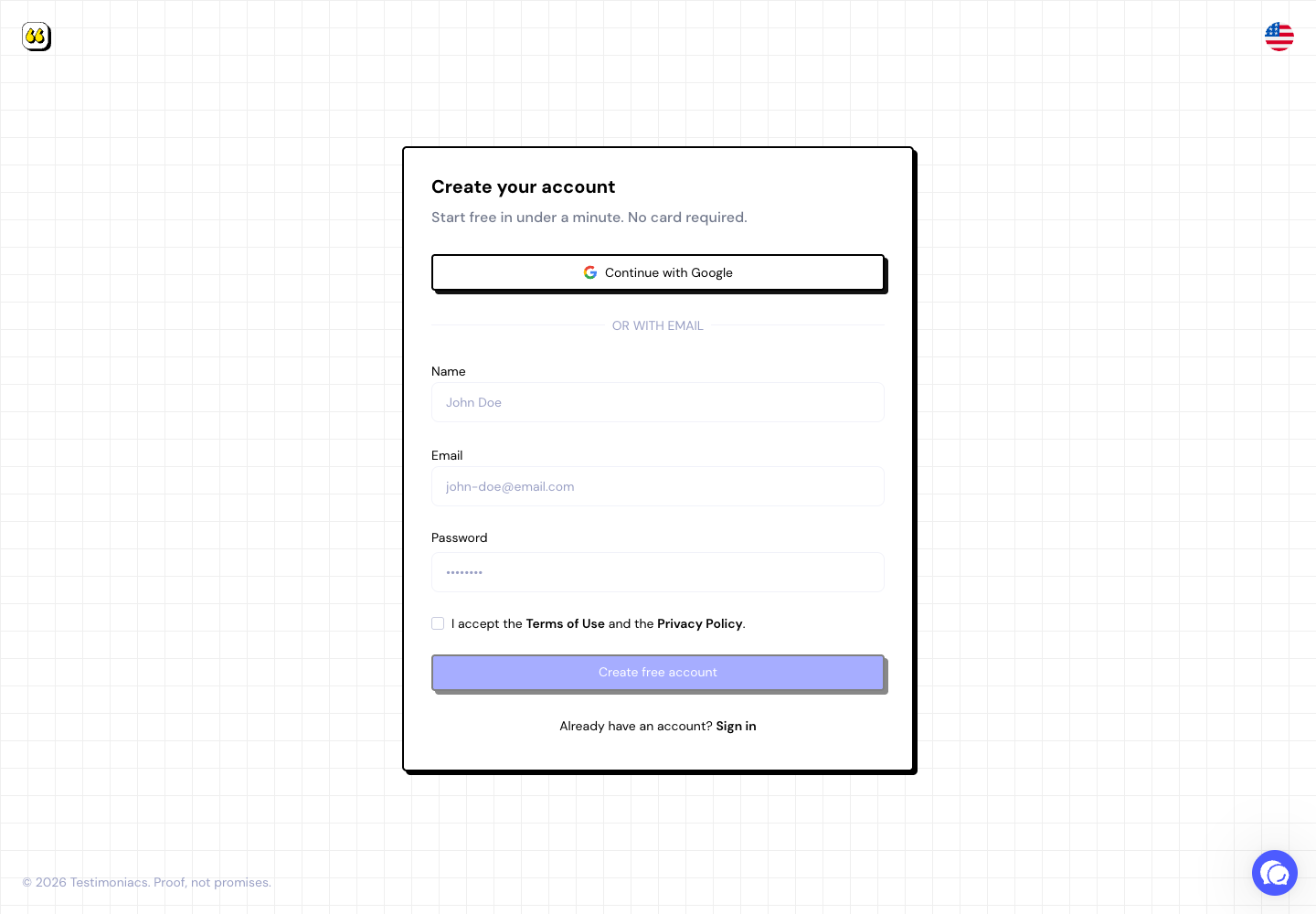 The Create your account screen with the Google button and the email form.