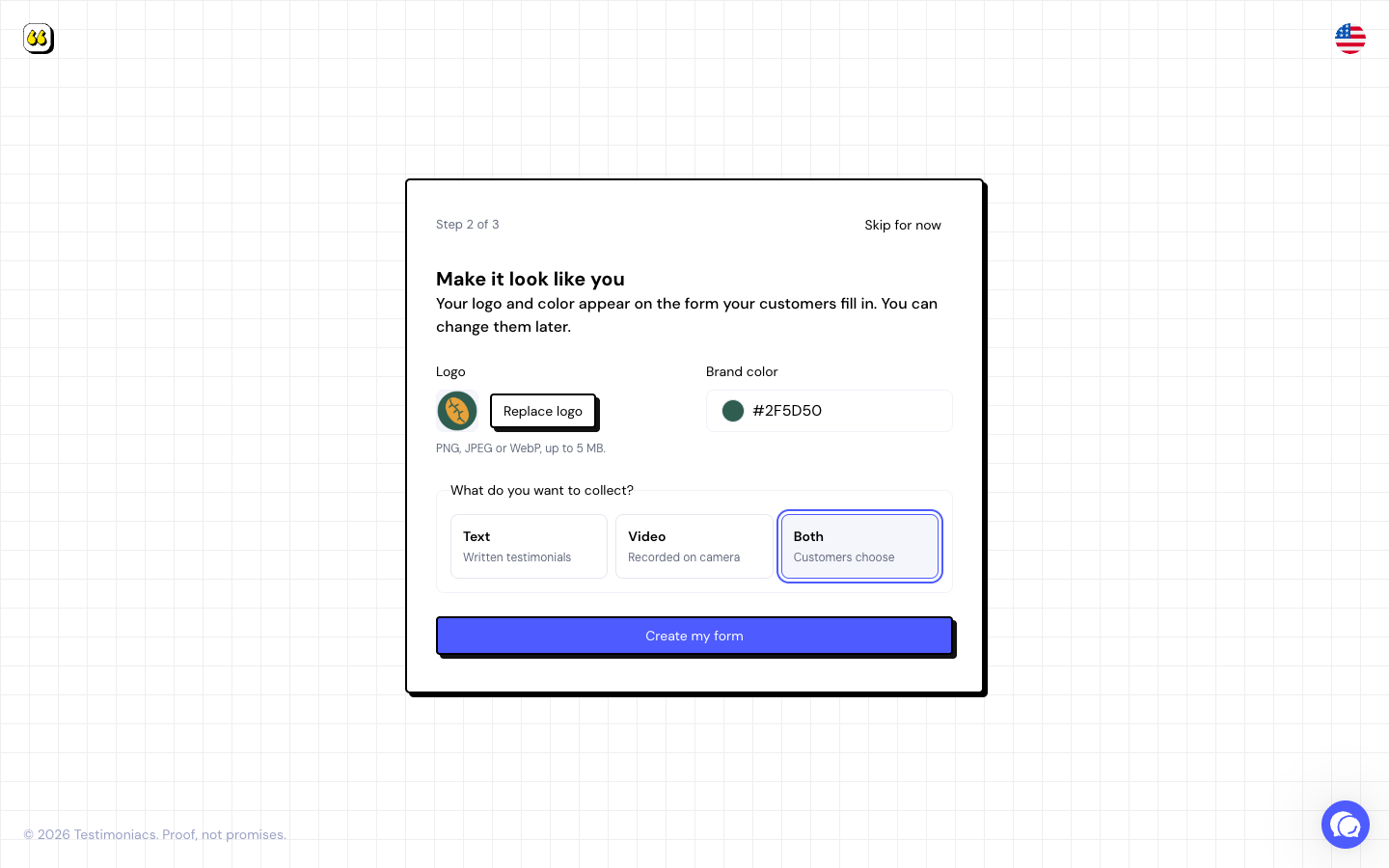 The Make it look like you step of the guided setup, with a logo uploaded, a color picked and the Both option selected.