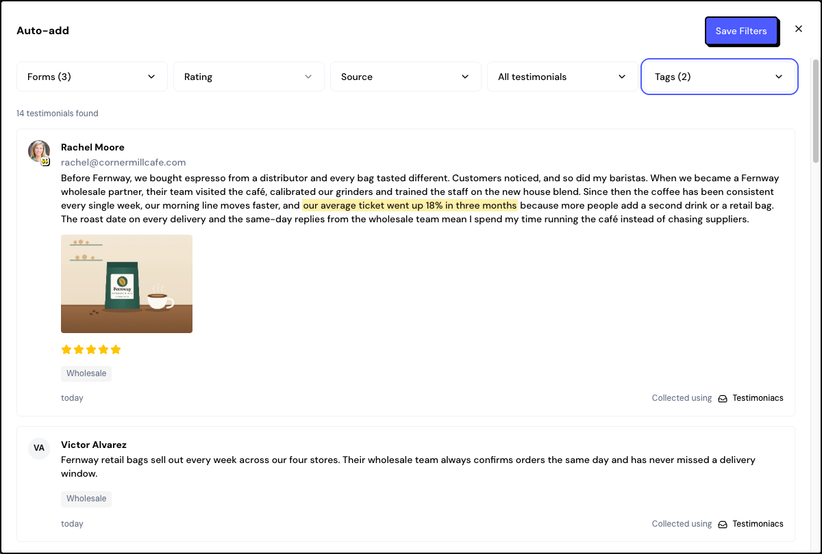 The Testimonial Wall section with Auto-add, one form and two tags chosen.