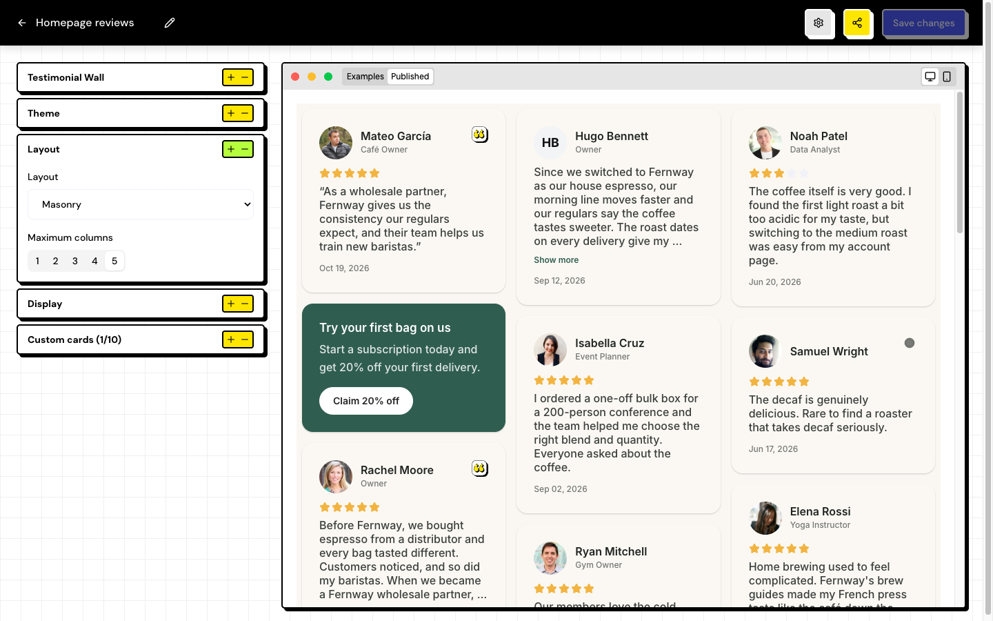 Editor de widget com as seções à esquerda e a pré-visualização ao vivo à direita, layout Mosaico.