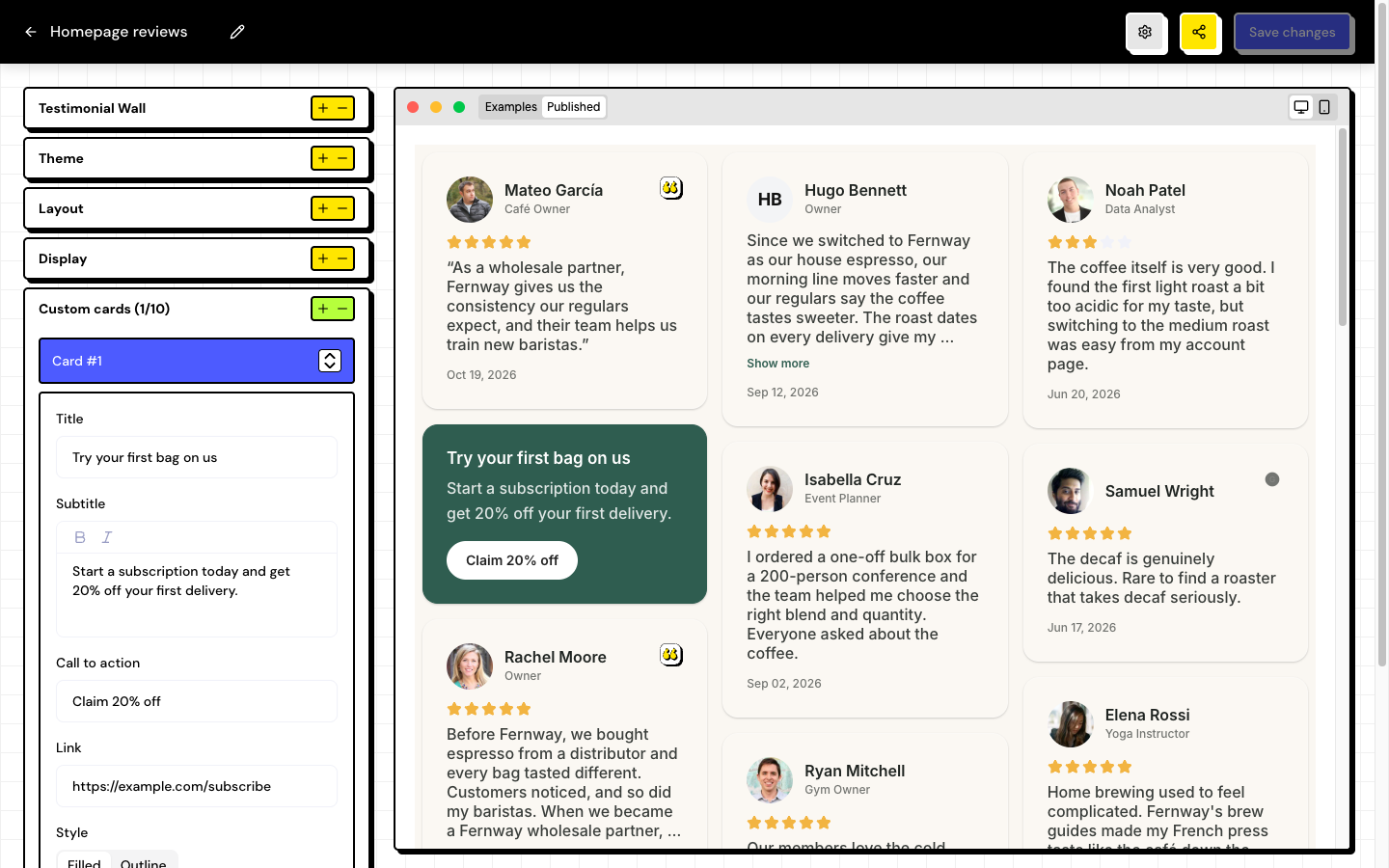The Custom cards section with a filled card and the preview showing the card between the testimonials.