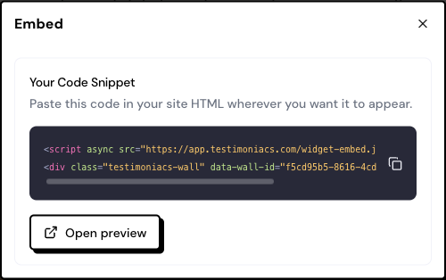 The Embed window with the code snippet and the copy button.